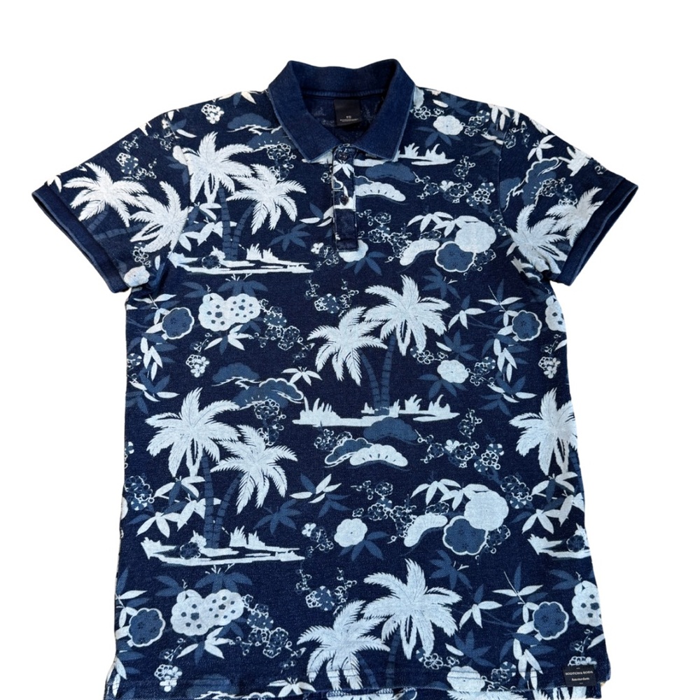 Scotch & Soda Blue and White Polo Shirt with Tropical Print